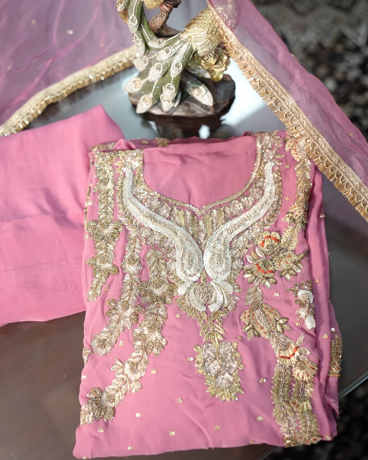 Gul-e-Rana Dusty Rose Handcrafted Zardozi Silk Suit