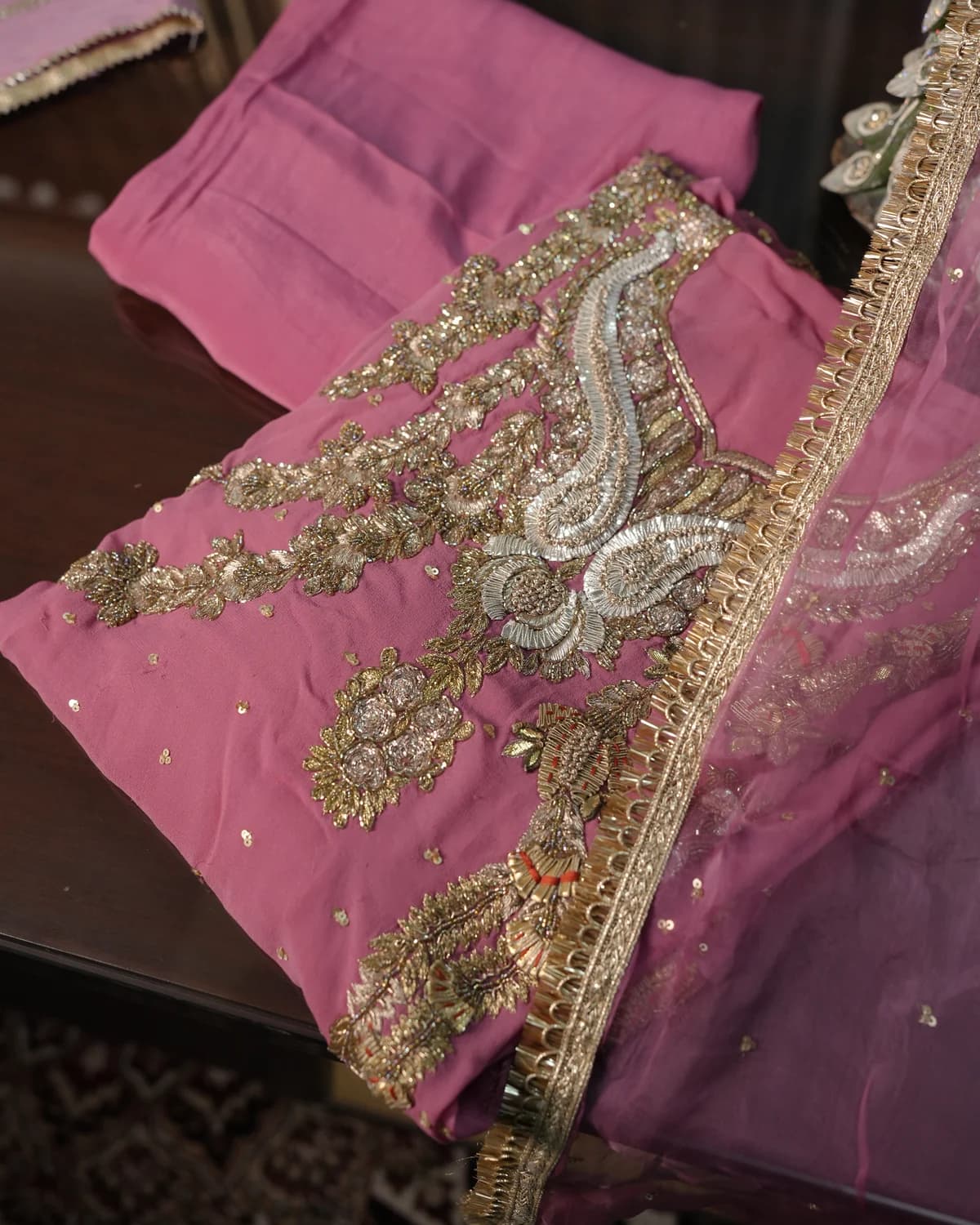 Gul-e-Rana Dusty Rose Handcrafted Zardozi Silk Suit thumbnail 3
