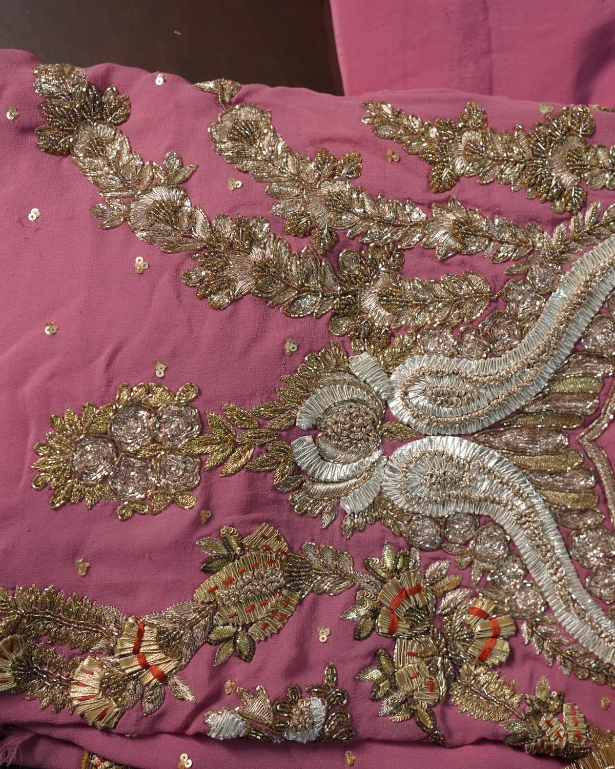 Gul-e-Rana Dusty Rose Handcrafted Zardozi Silk Suit thumbnail 4