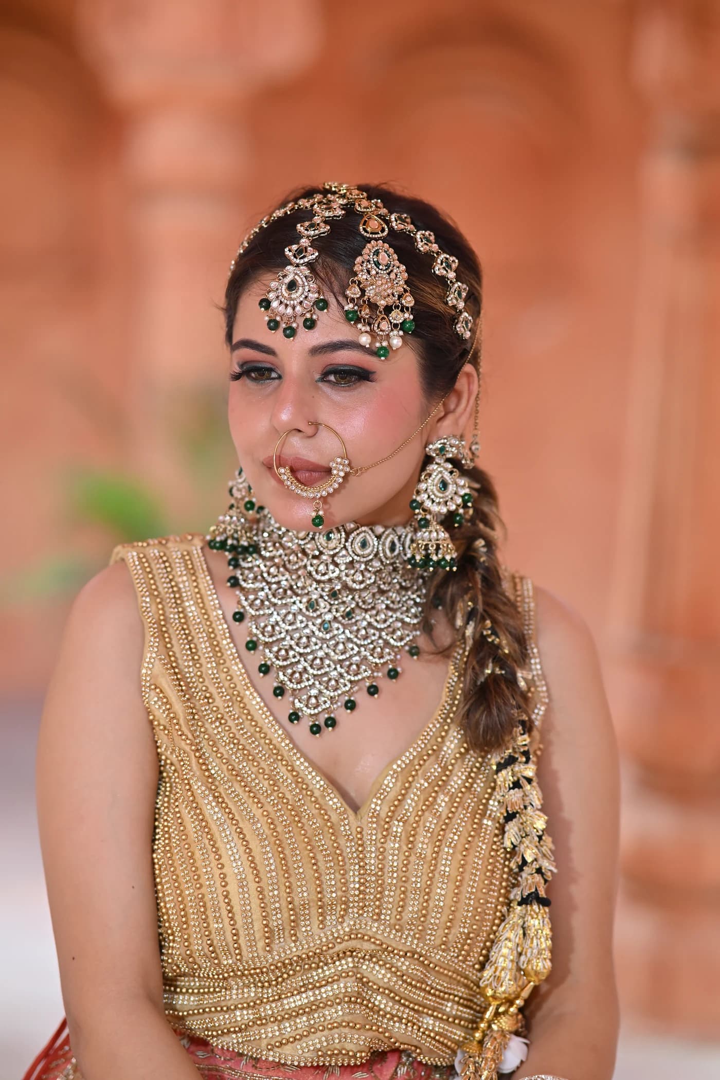 Gulrang Coral Peach & Antique Gold Flared Bridal Lehenga thumbnail 3
