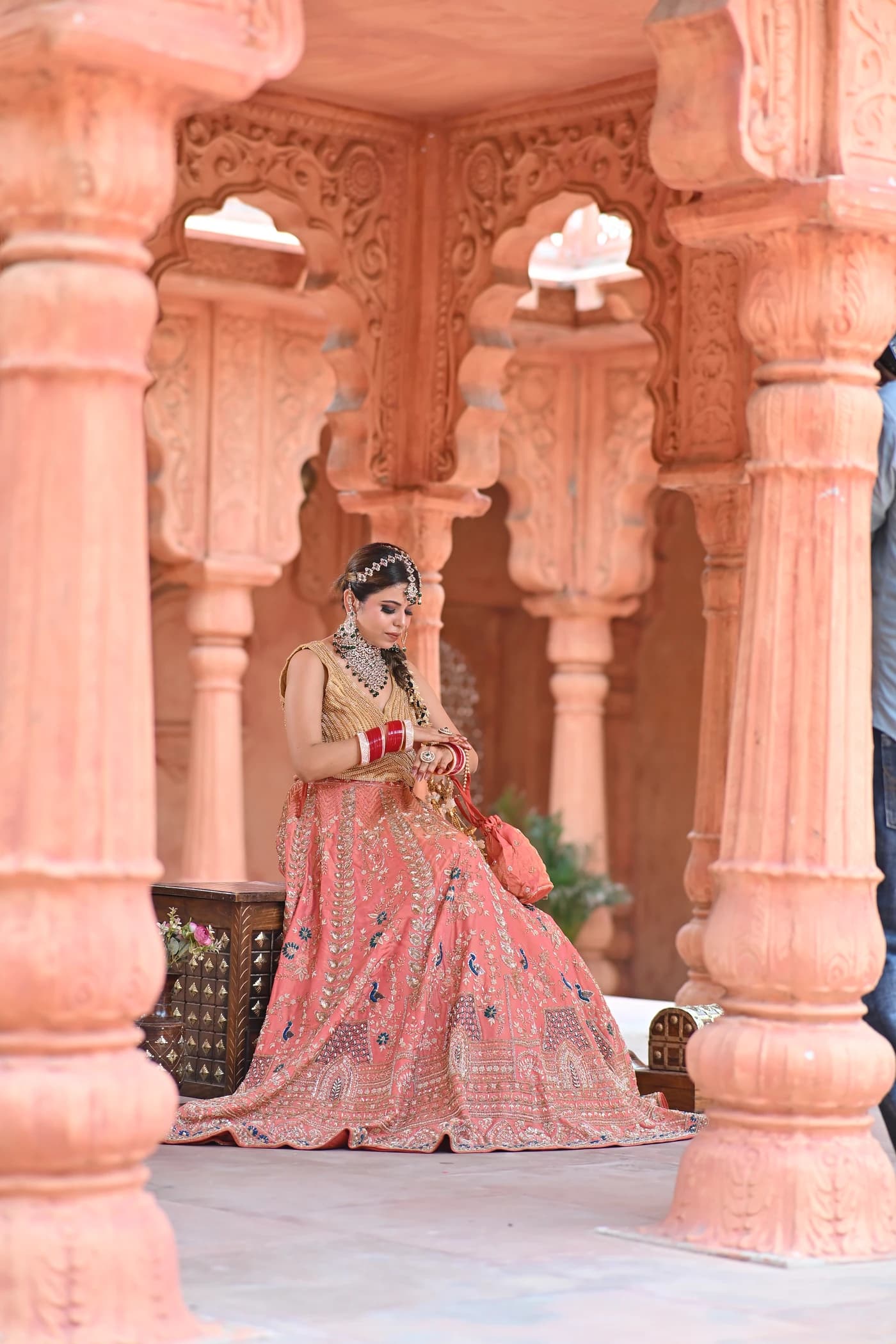 Gulrang Coral Peach & Antique Gold Flared Bridal Lehenga thumbnail 5
