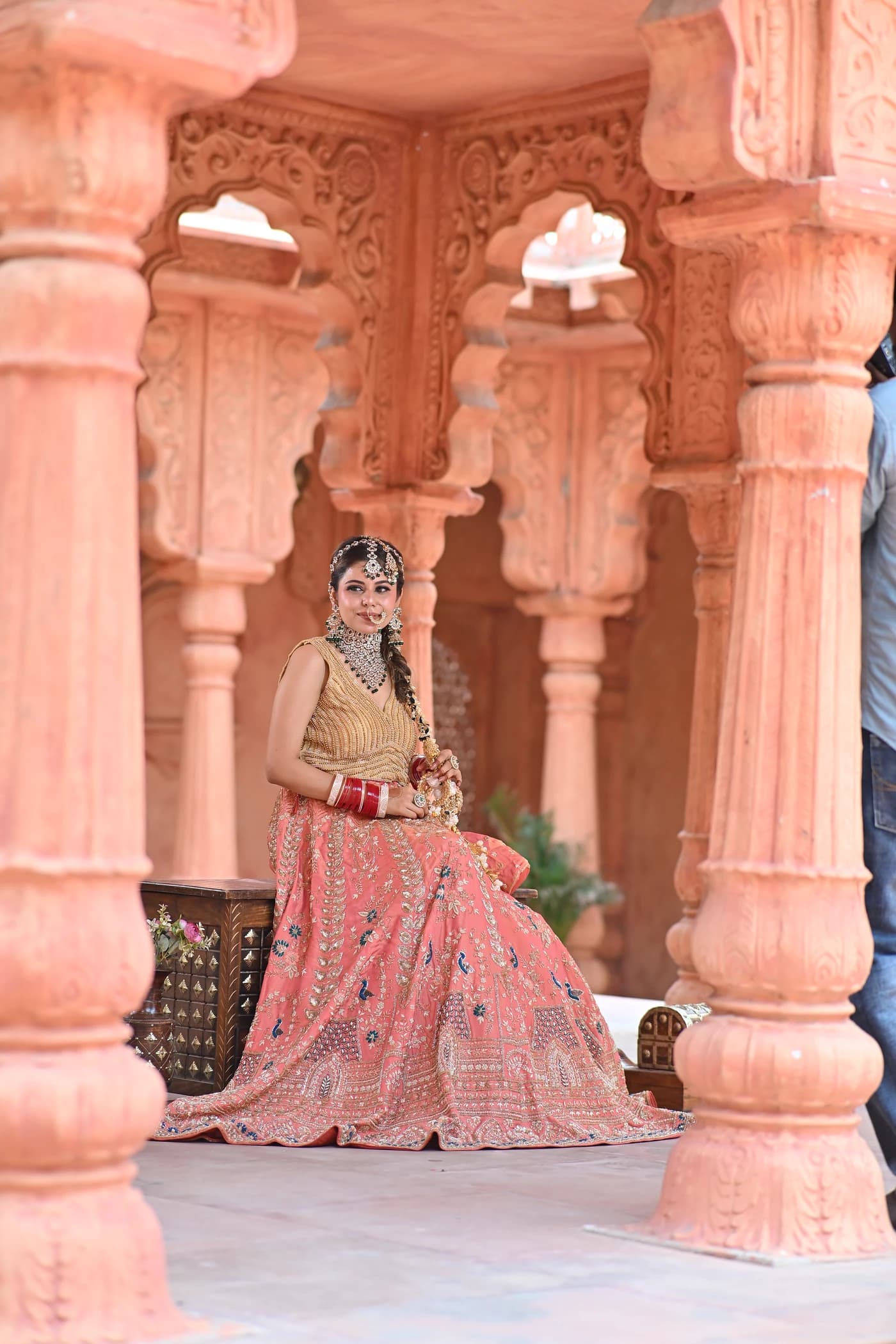 Gulrang Coral Peach & Antique Gold Flared Bridal Lehenga thumbnail 4