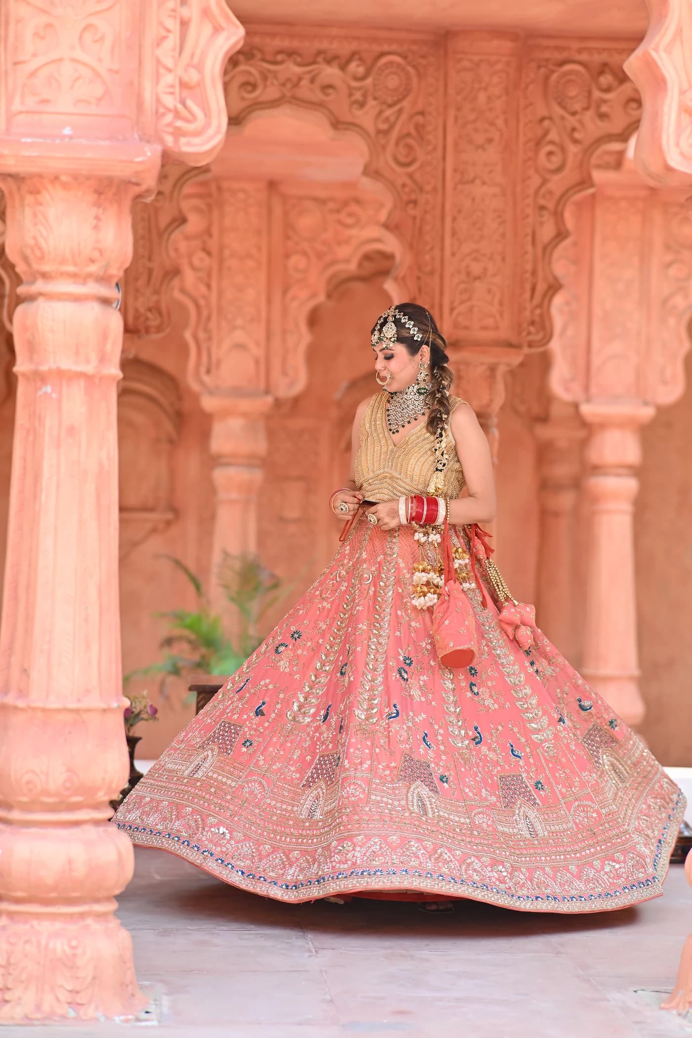 Gulrang Coral Peach & Antique Gold Flared Bridal Lehenga