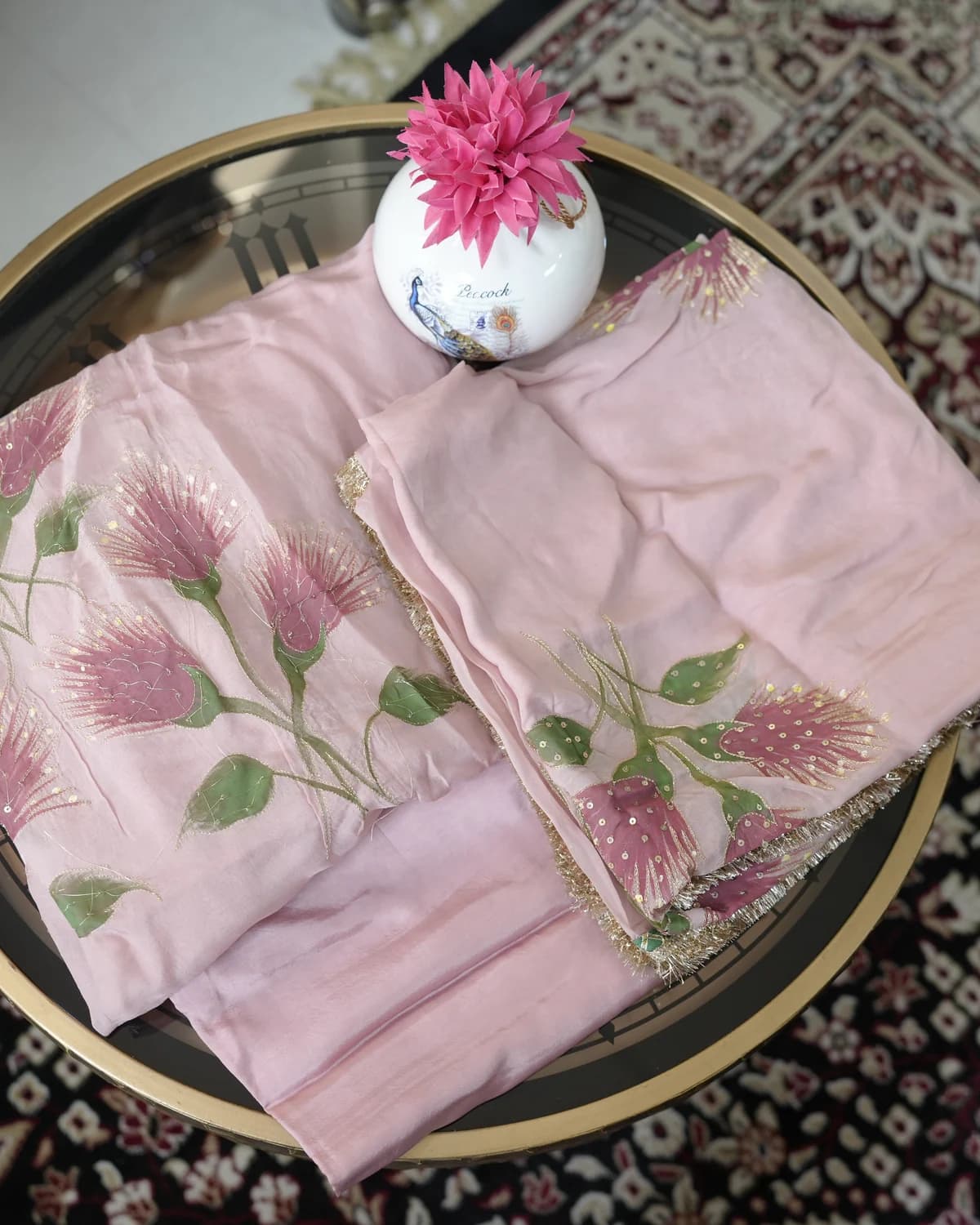Gulrang Powder Blush Hand-Painted Botanical Silk Suit