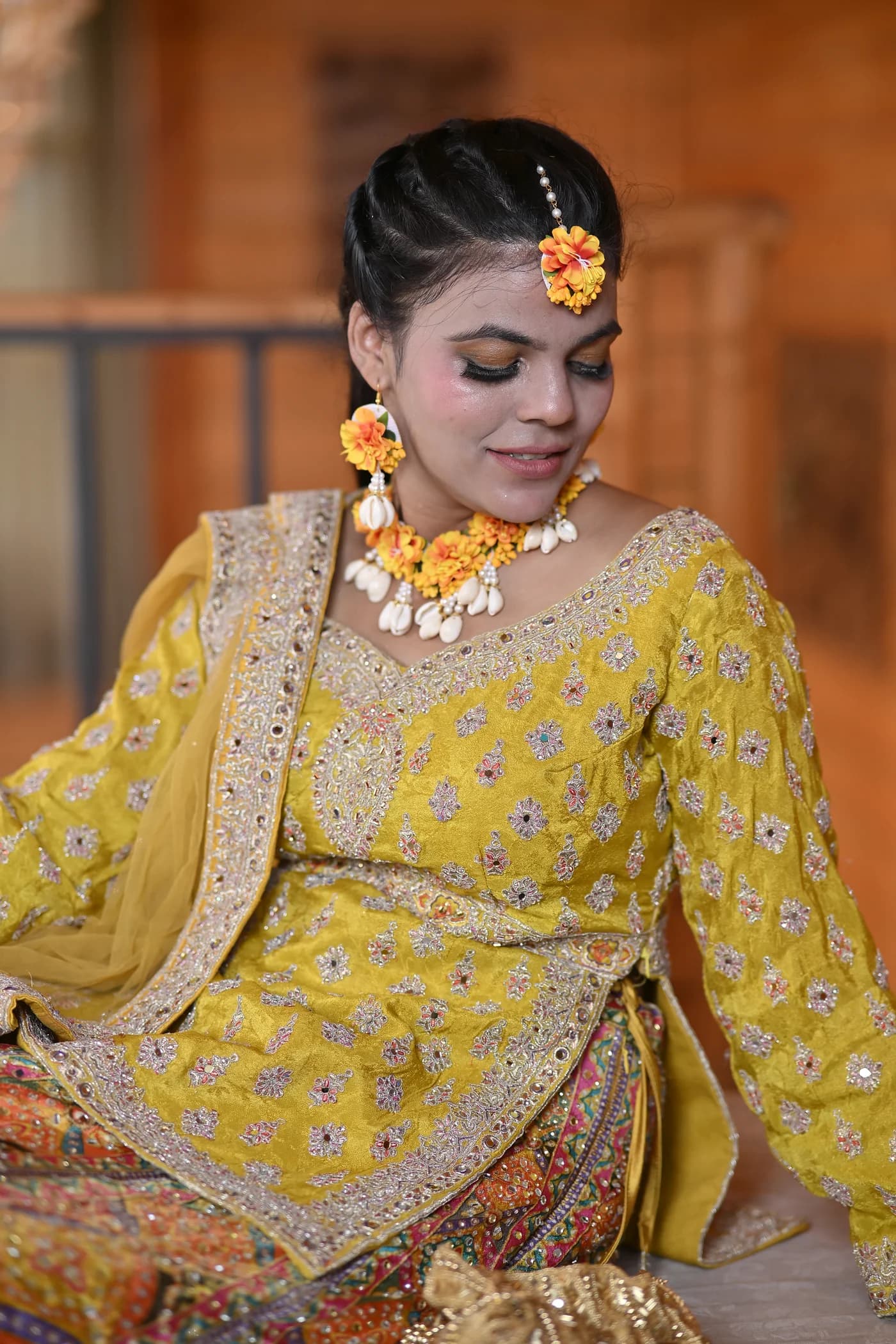 Parijaat Turmeric Yellow Zari Embroidered Kurti & Flared Lehenga Set
