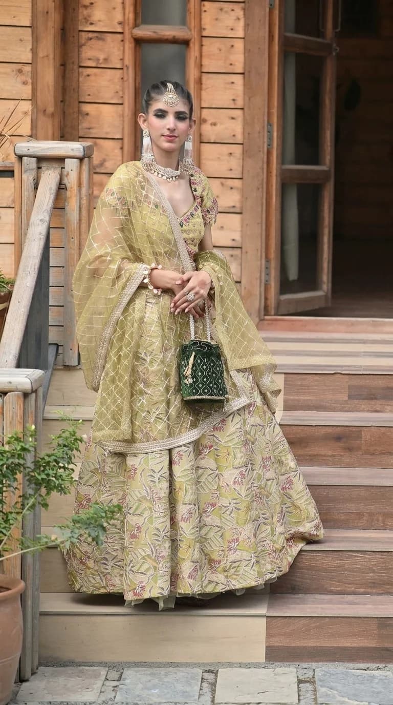 Sim Olive Pistachio Floral Embroidered Haldi Lehenga Set thumbnail 3