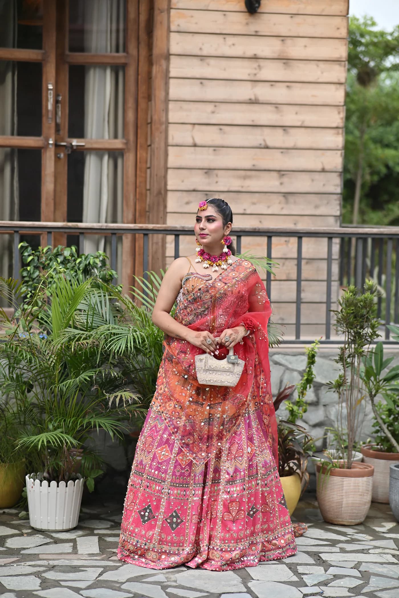 Aayra Coral Pink Mirrorwork Haldi Lehenga Set
