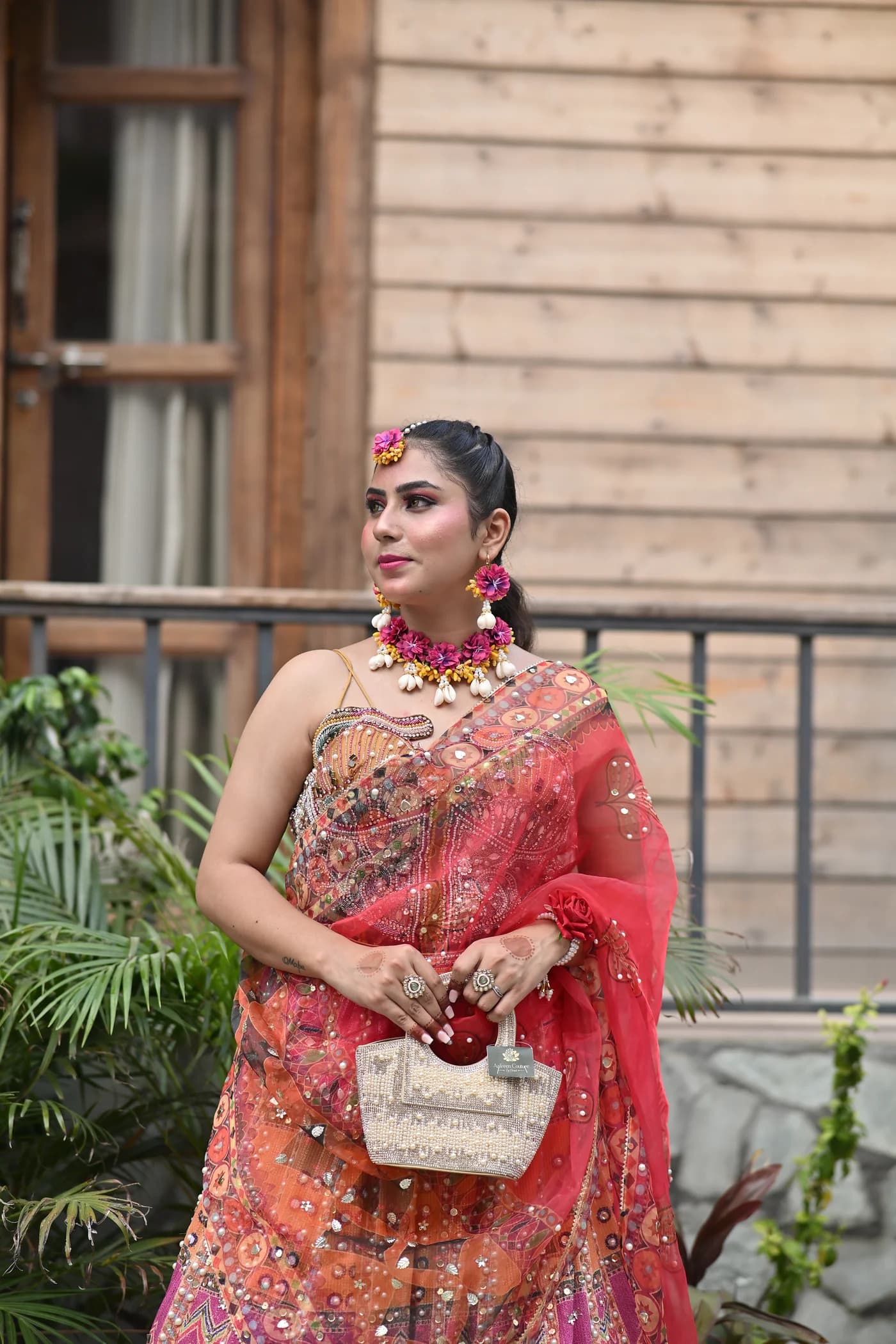 Aayra Coral Pink Mirrorwork Haldi Lehenga Set thumbnail 4