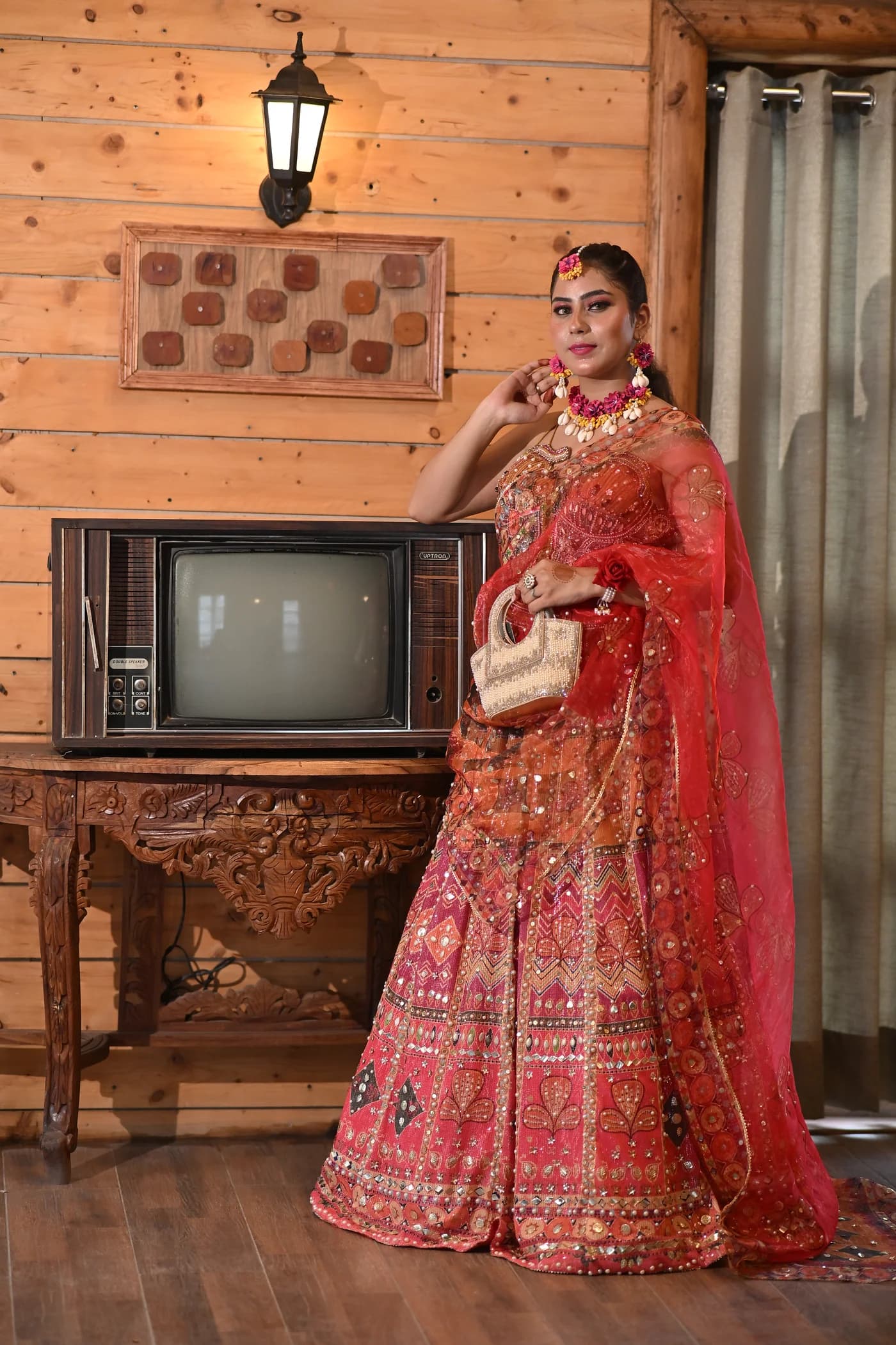 Aayra Coral Pink Mirrorwork Haldi Lehenga Set thumbnail 3