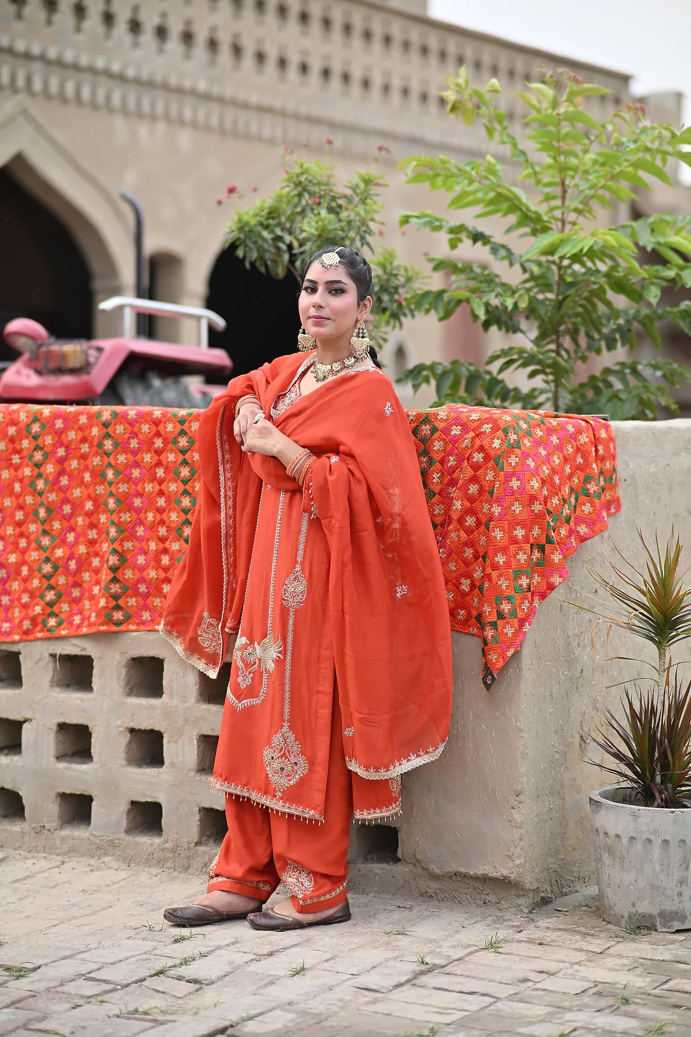 Heer Rust Orange Hand-Embroidered Punjabi Salwar Suit