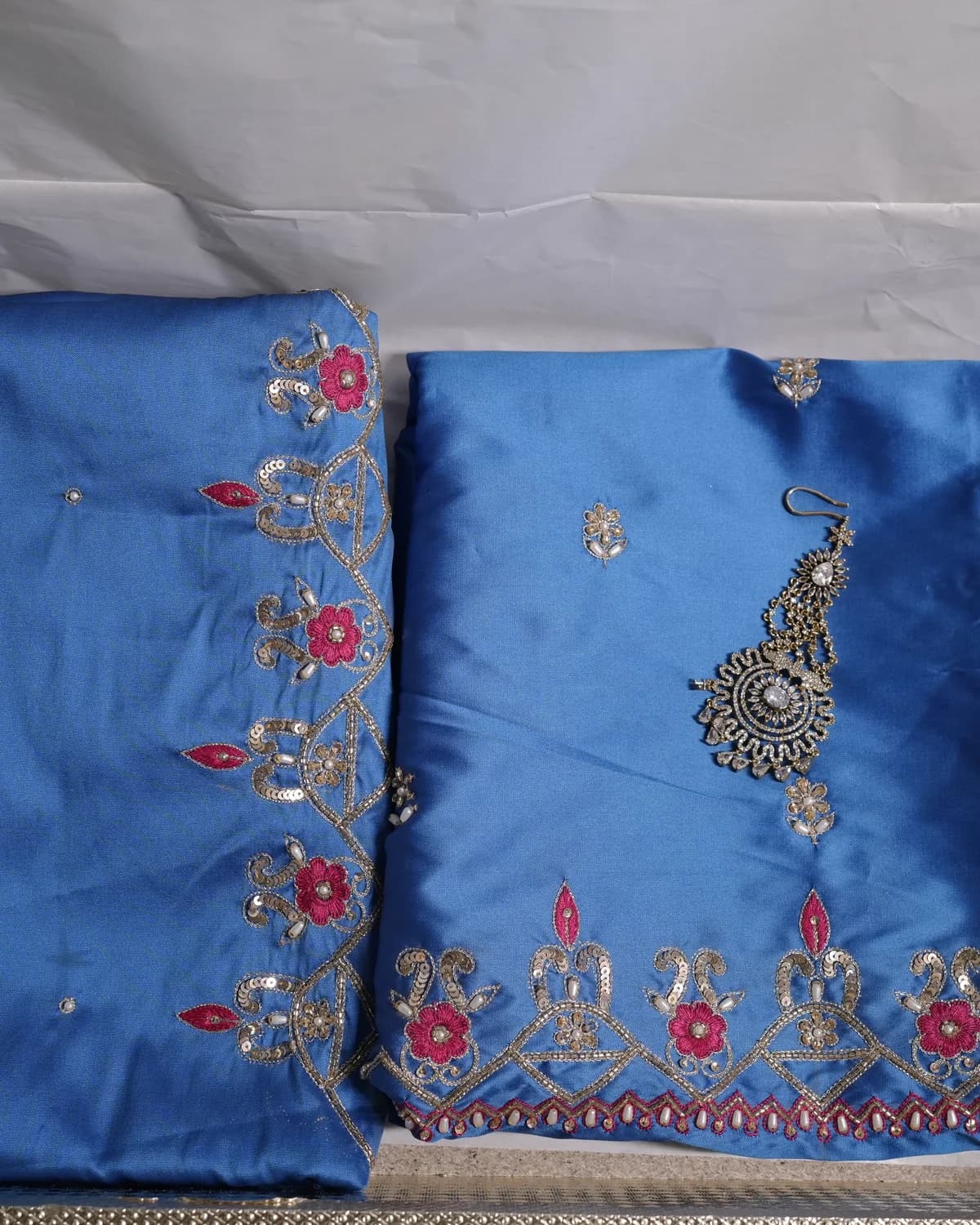 Jahanara Sapphire Blue Handcrafted Zardozi Silk Suit thumbnail 3