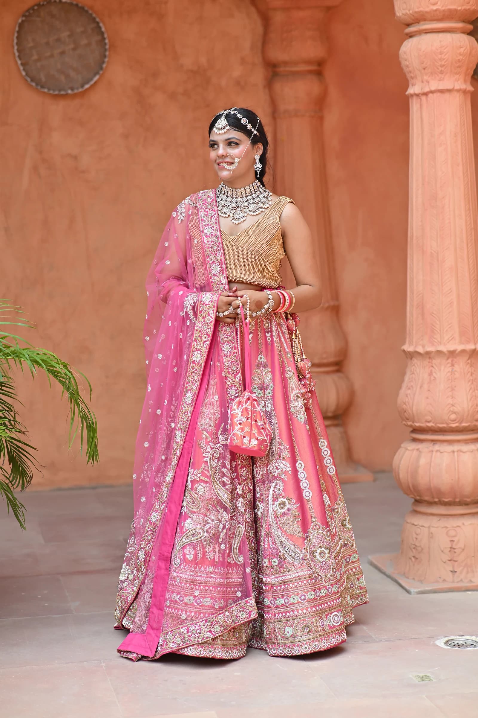 Meherbaan Rani Pink & Champagne Gold Kalidar Bridal Lehenga