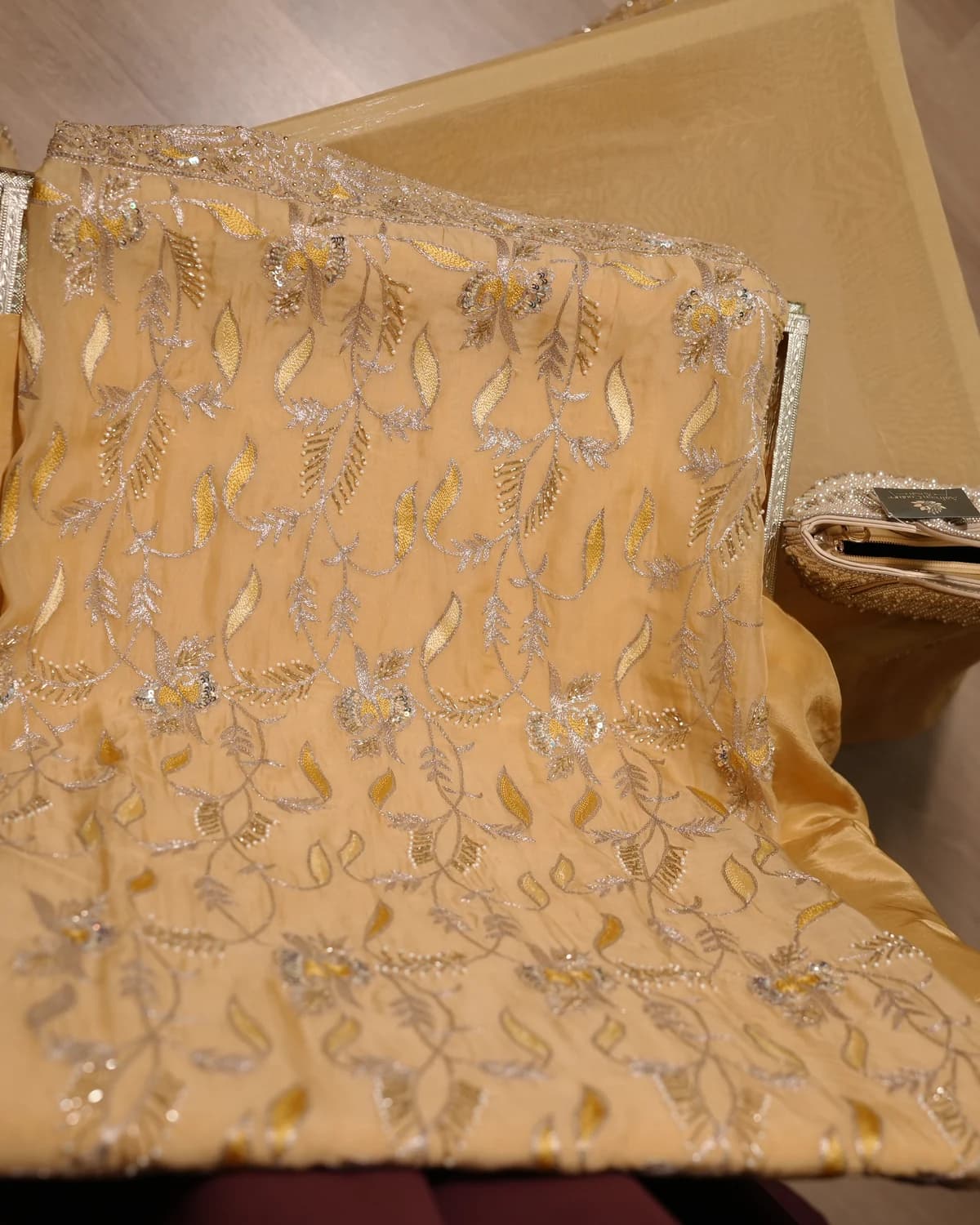 Mehrunisa Honey Gold Handcrafted Zardozi Silk Suit thumbnail 4