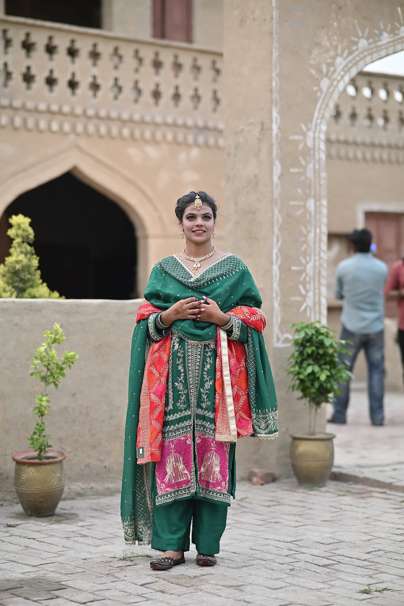 Mehtab Emerald Green & Magenta Jharokha Embroidered Kurta Suit