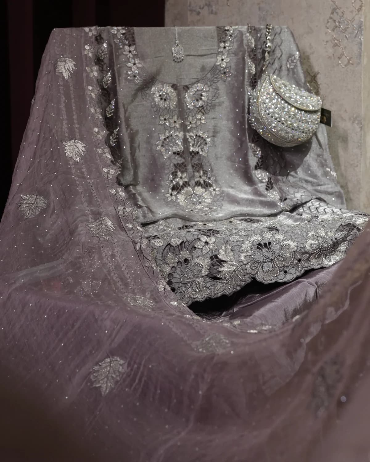 Noorani Moonstone Lilac Handcrafted Schiffli Silk Suit