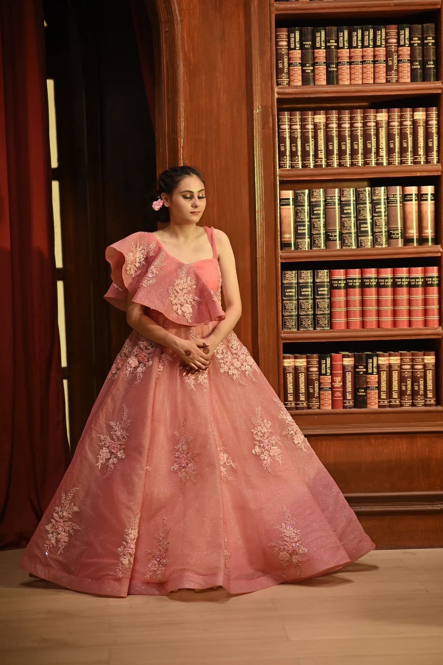 Gulnaaz Coral Shimmer Flared Reception Gown