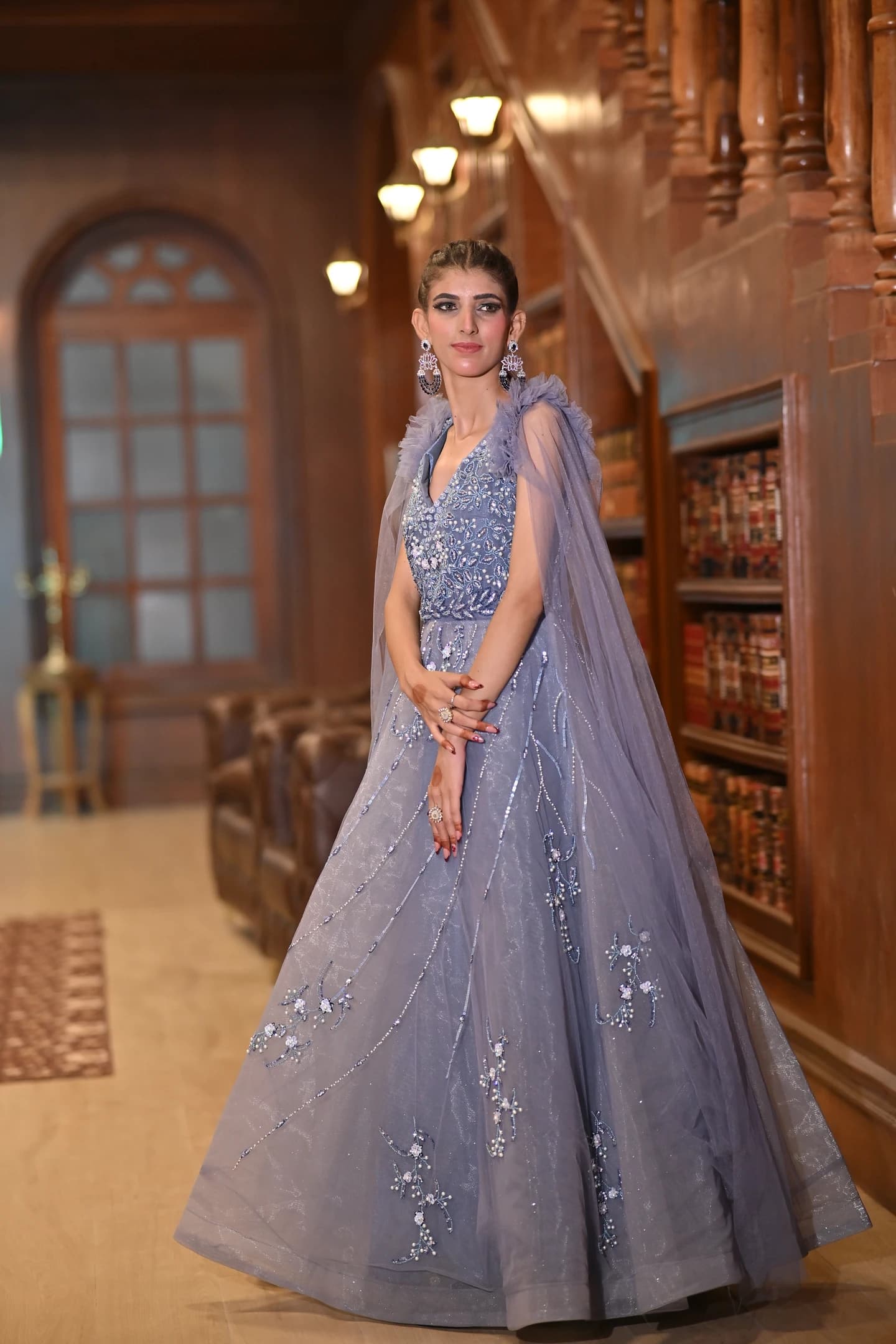 Zoya Twilight Slate Blue Cape Reception Gown