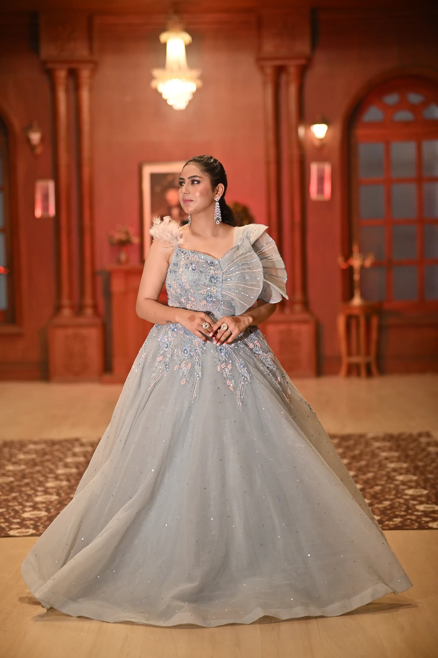 Seraphina Ice Blue Feather & Fan Pleated Gown