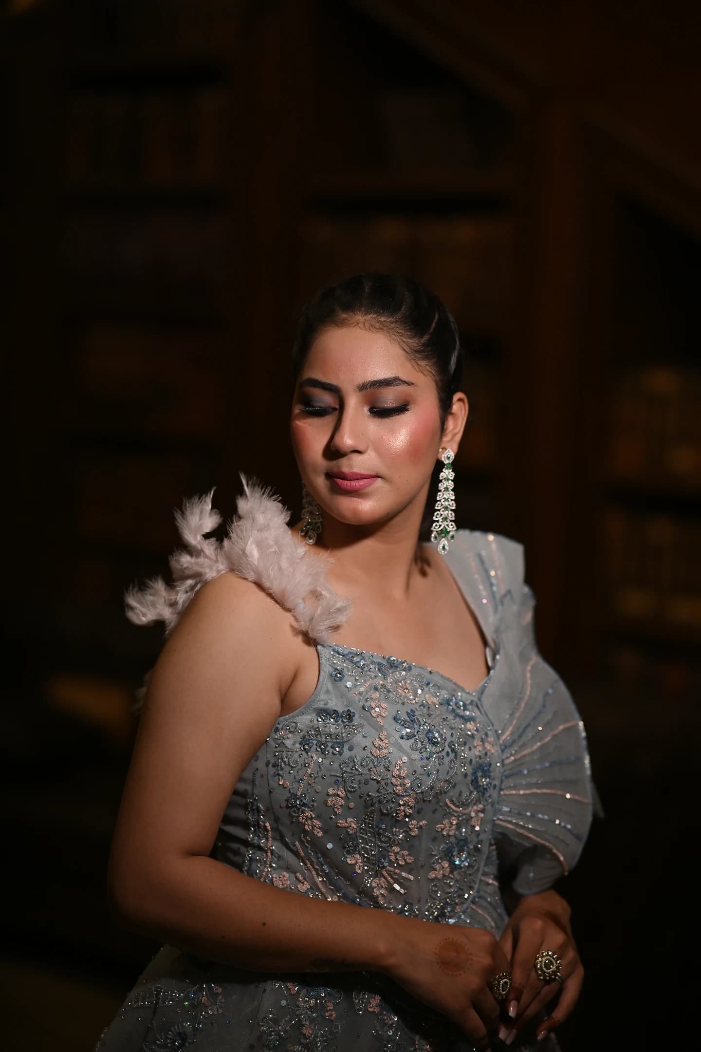 Seraphina Ice Blue Feather & Fan Pleated Gown thumbnail 4