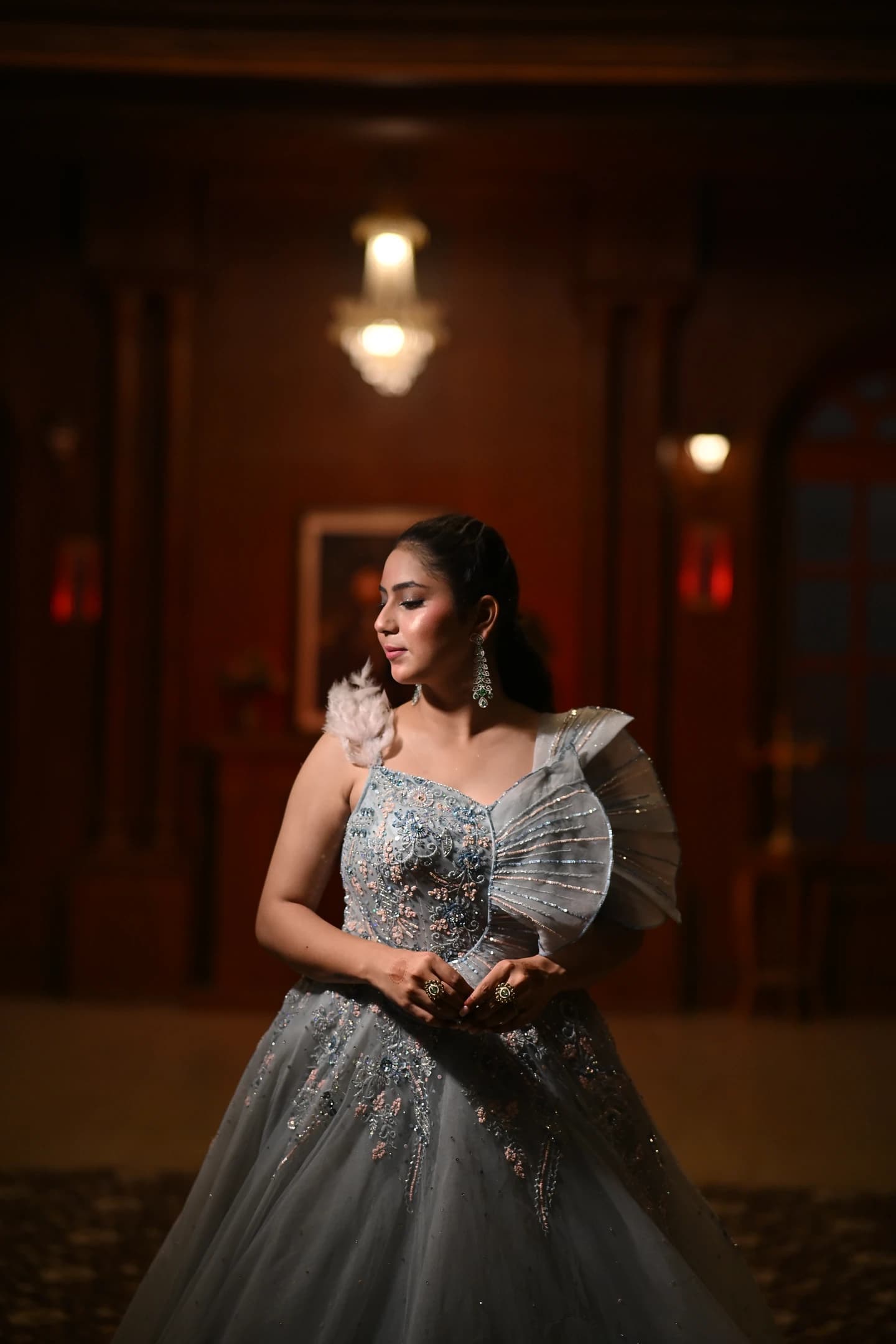 Seraphina Ice Blue Feather & Fan Pleated Gown — alternate view