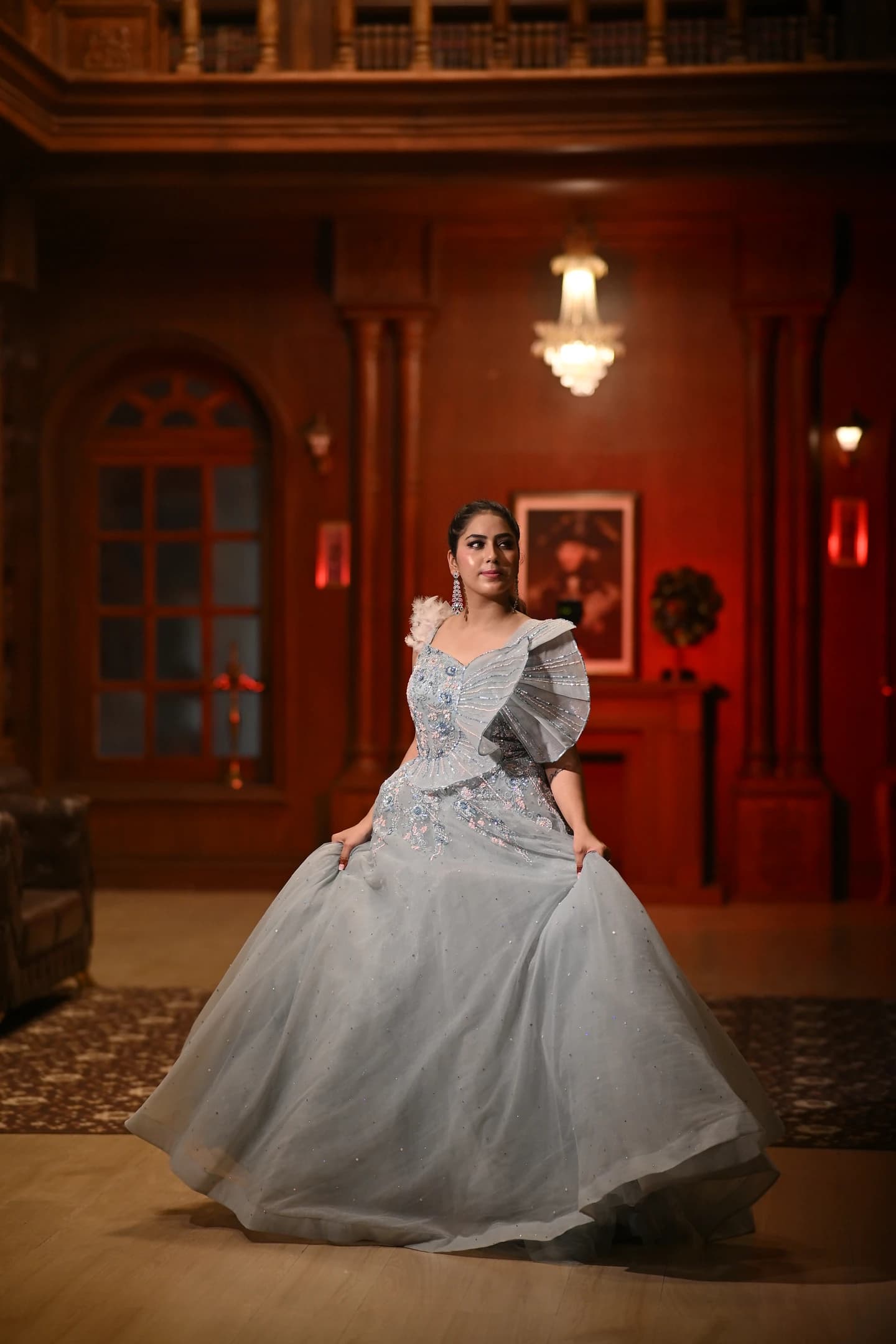 Seraphina Ice Blue Feather & Fan Pleated Gown thumbnail 3