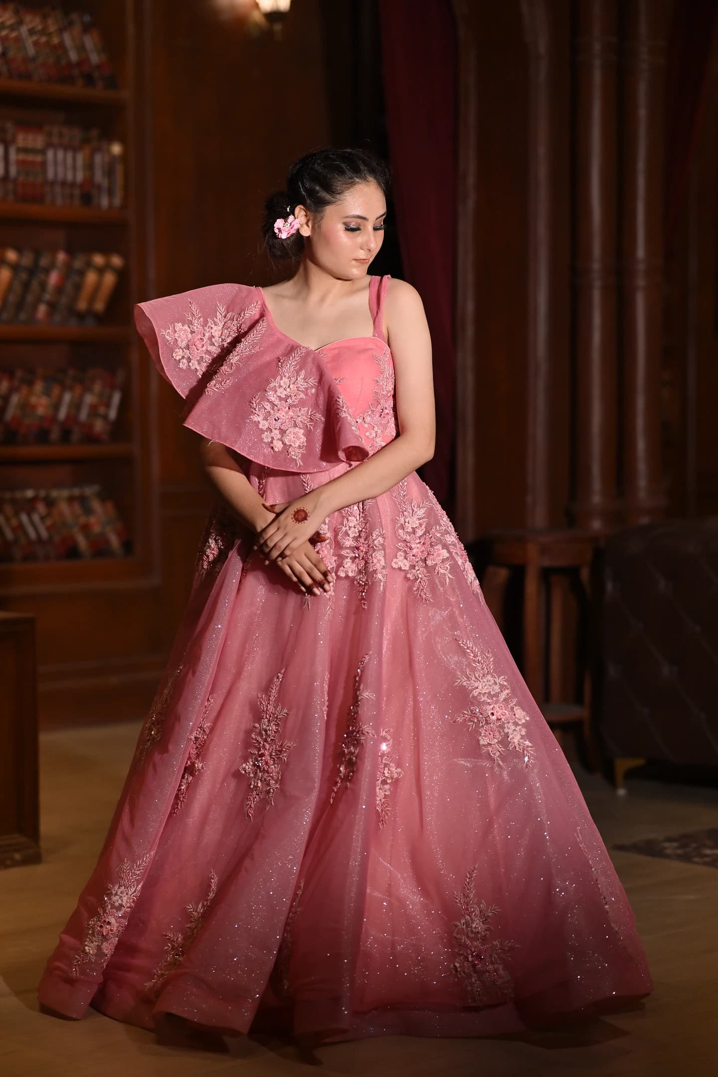 Gulnaaz Coral Shimmer Flared Reception Gown thumbnail 3