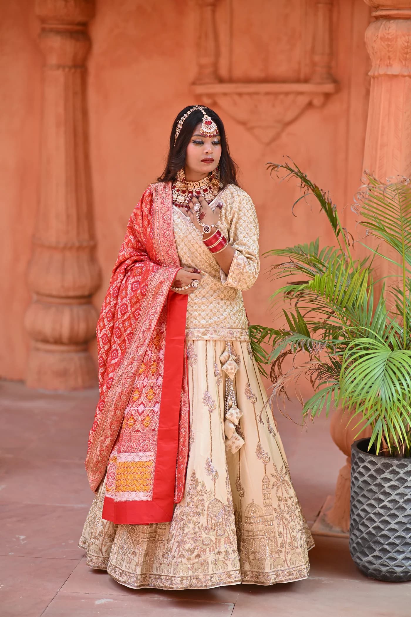 Rivaayat Ivory & Crimson Bandhani Royal Bridal Lehenga — alternate view