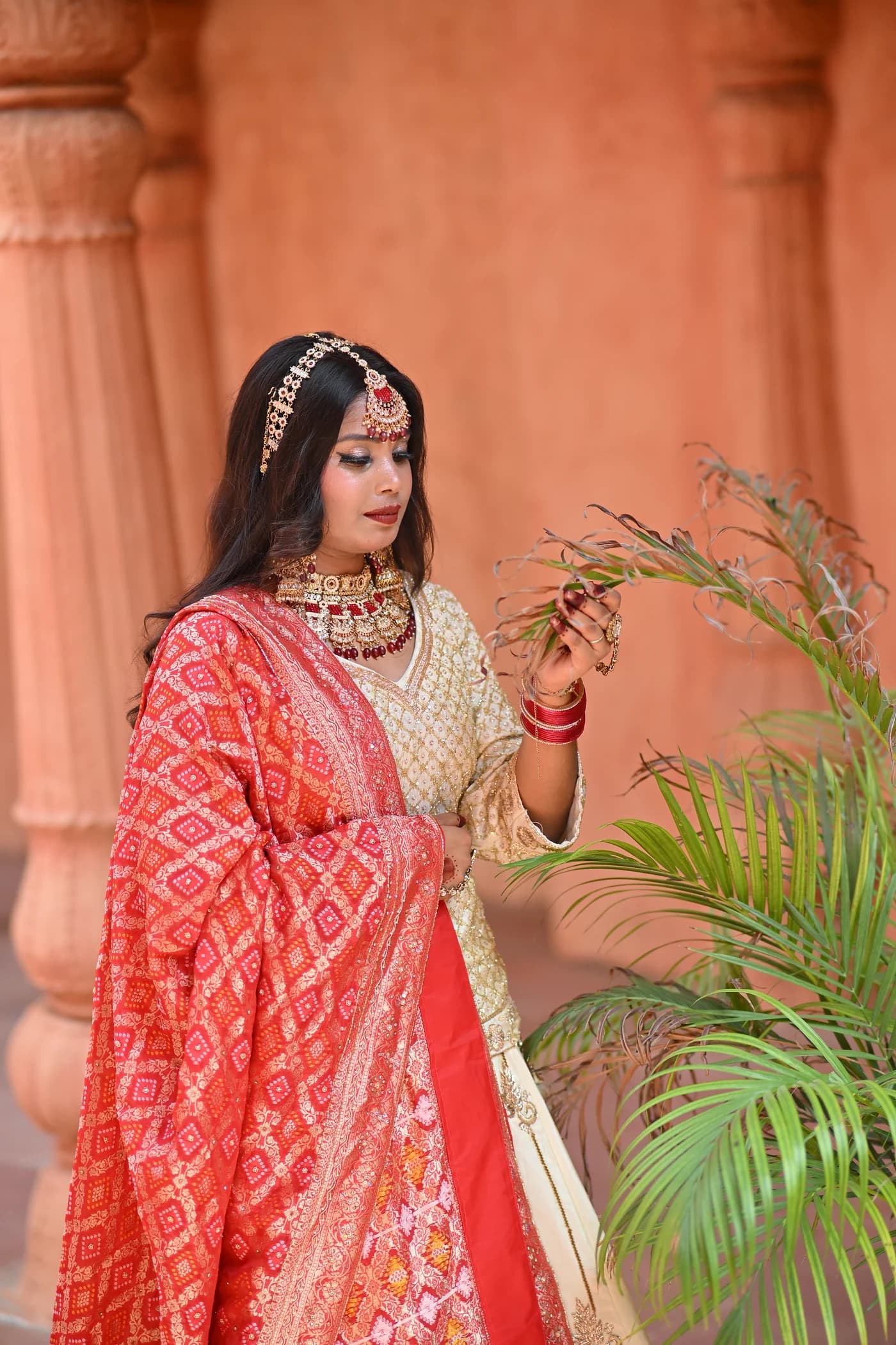 Rivaayat Ivory & Crimson Bandhani Royal Bridal Lehenga thumbnail 4